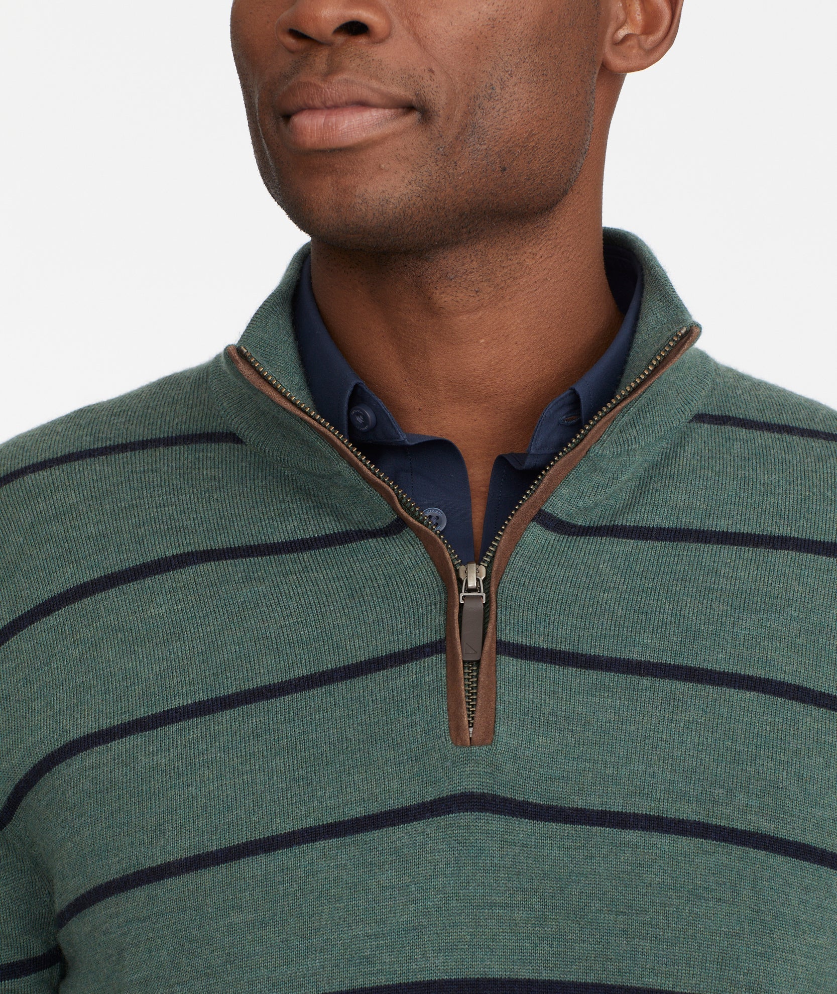 Merino Wool Quarter Zip Sweater Green With Blue Stripe UNTUCKit UK