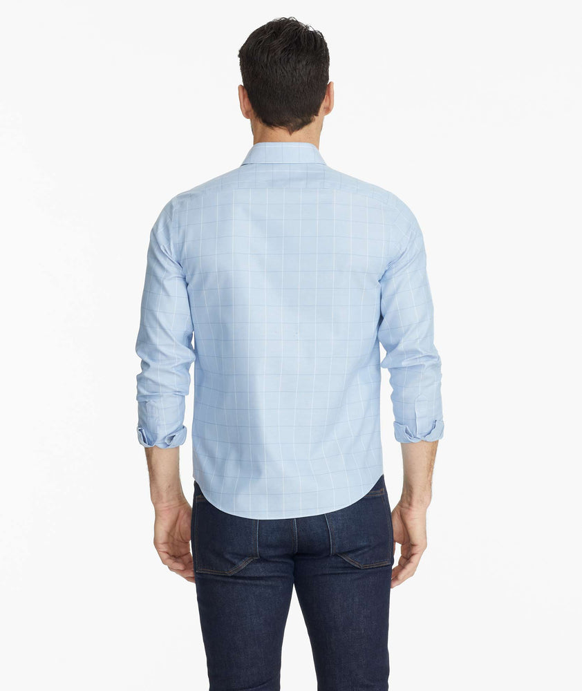 Model wearing a Blue Wrinkle-Free Blakeslee Shirt