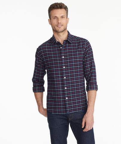 Model wearing a Navy Flannel Bozeman Shirt