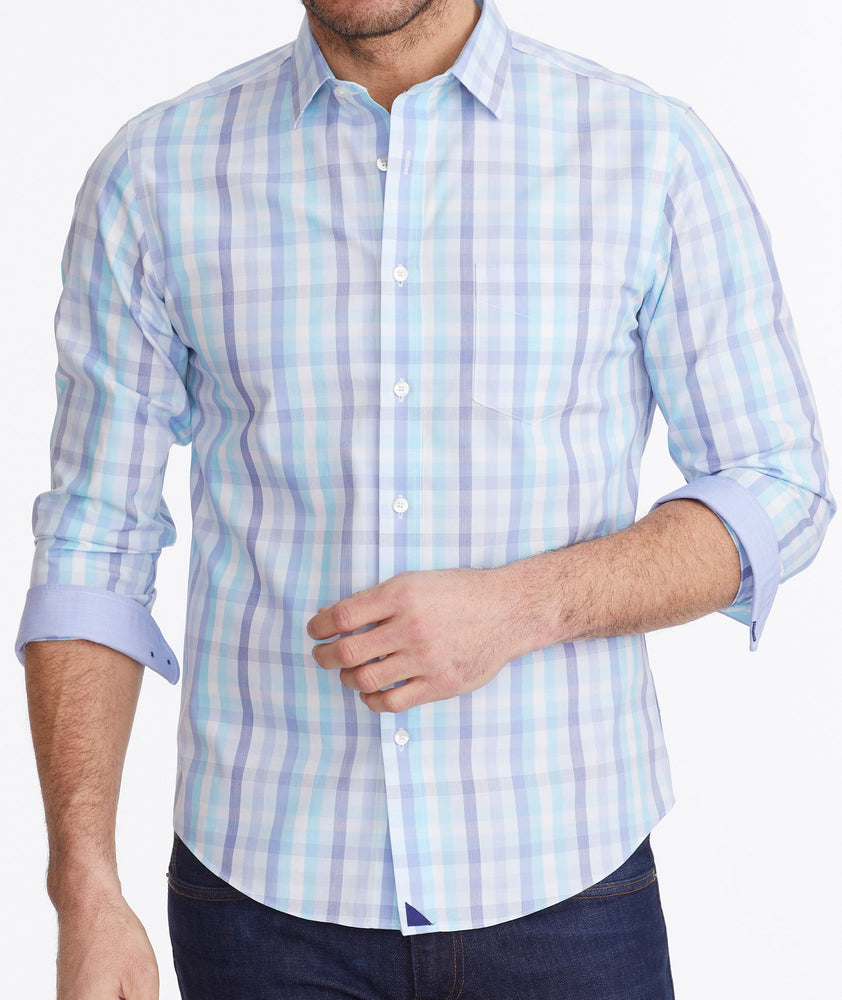 Model wearing a Blue Wrinkle-Free Canaletto Shirt