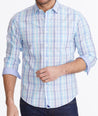 Model wearing a Blue Wrinkle-Free Canaletto Shirt