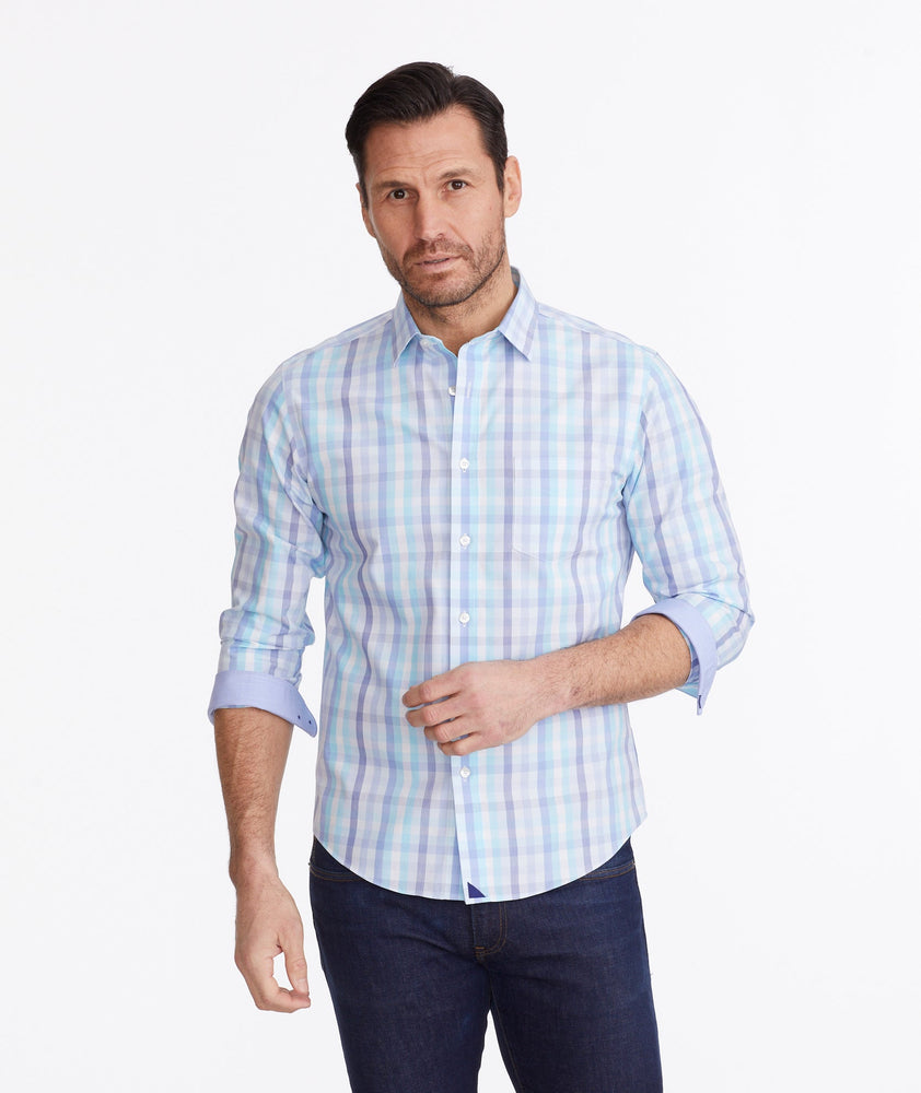 Model wearing a Blue Wrinkle-Free Canaletto Shirt