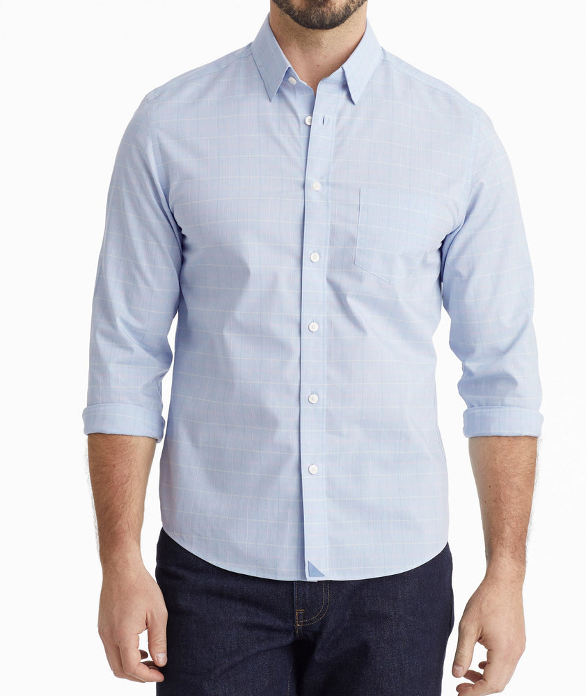 Model wearing a Blue Wrinkle-Free Charly Shirt