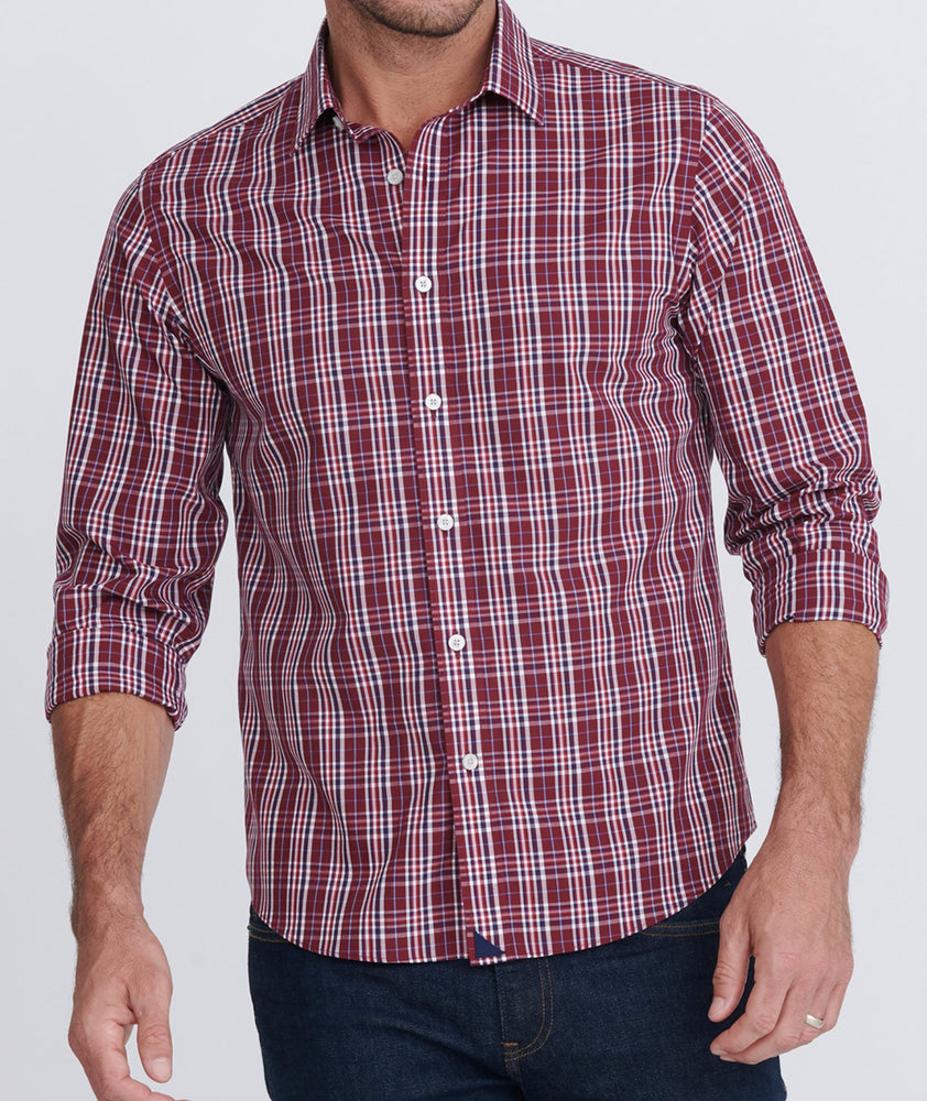 Model wearing a Dark Red Wrinkle-Free Chevalier Shirt