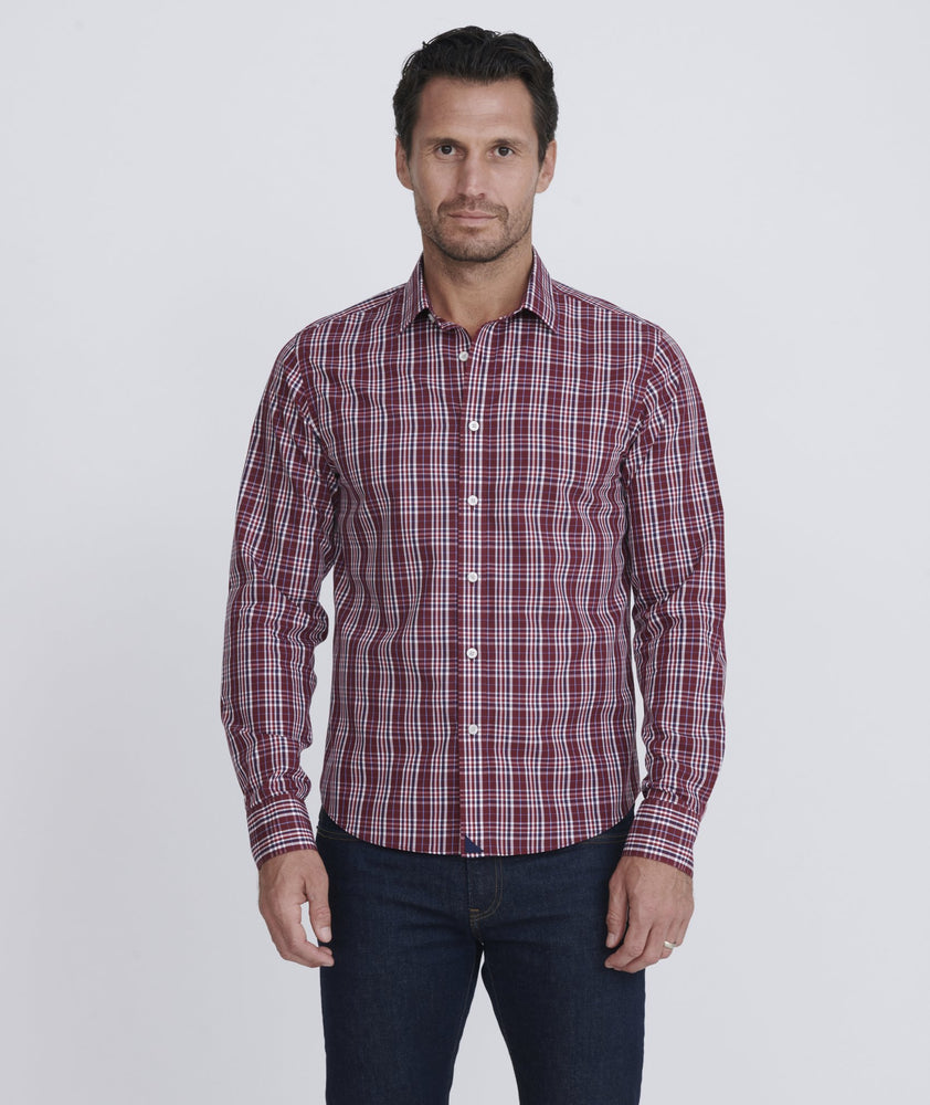 Model wearing a Dark Red Wrinkle-Free Chevalier Shirt