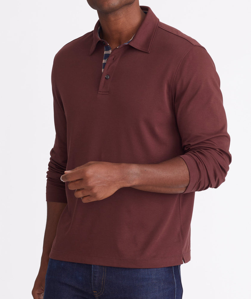 Wrinkle-Free Damaschino Long-Sleeve Polo with Contrast Placket