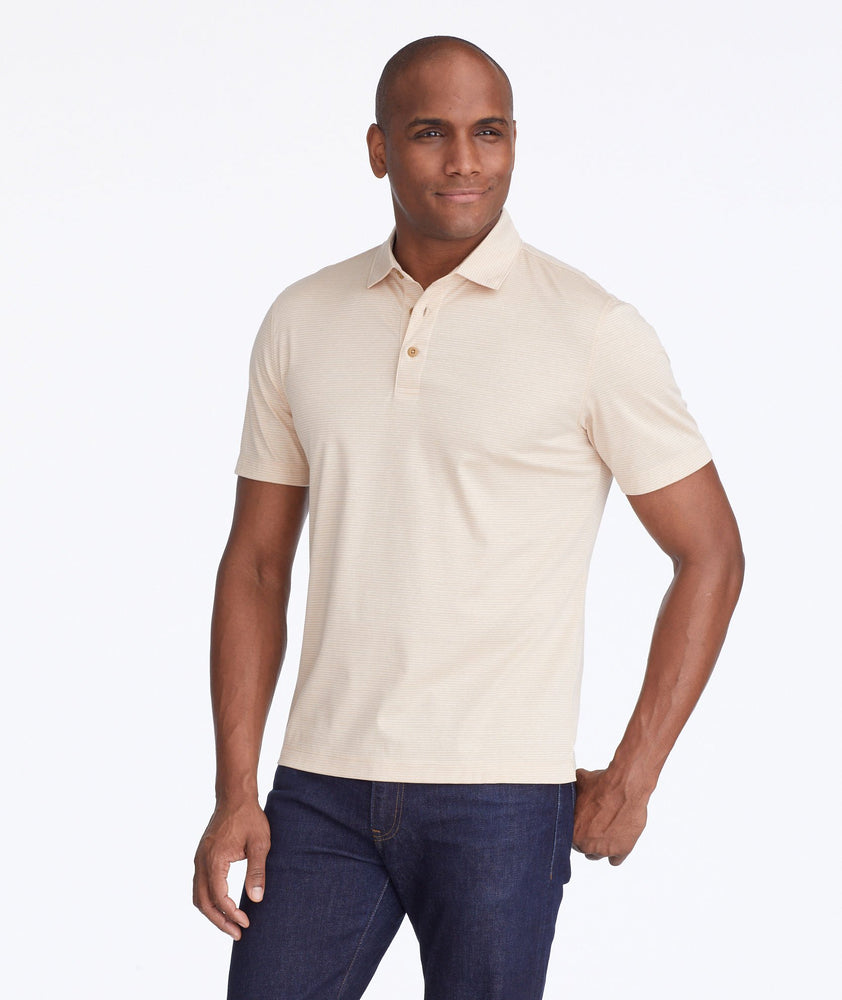 Model wearing a Tan Wrinkle-Free Damaschino Jacquard Polo