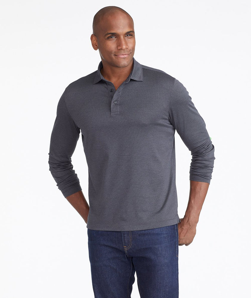 Model wearing a Dark Grey Wrinkle-Free Damaschino Jacquard Polo