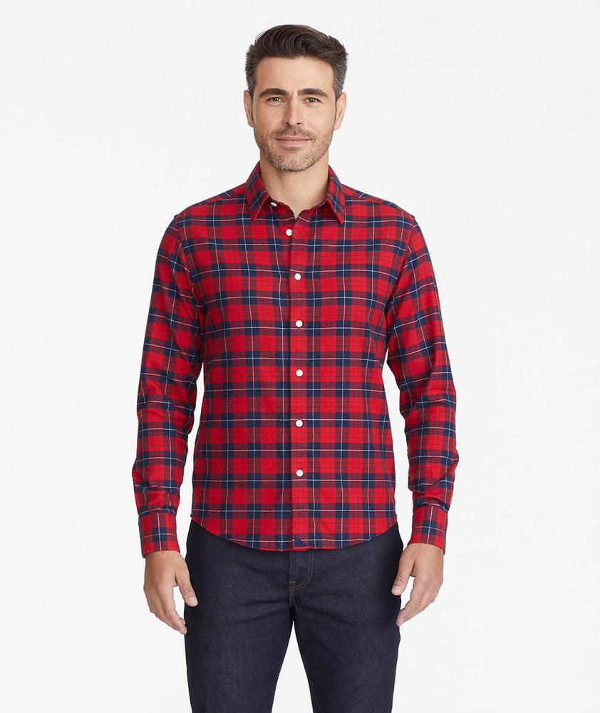 Model wearing a Navy Heavyweight Flannel Daumas Shirt