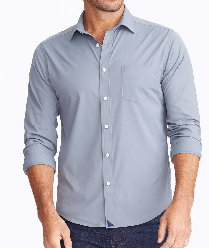 Model wearing a Mid Grey Wrinkle-Free Performance Gironde Shirt