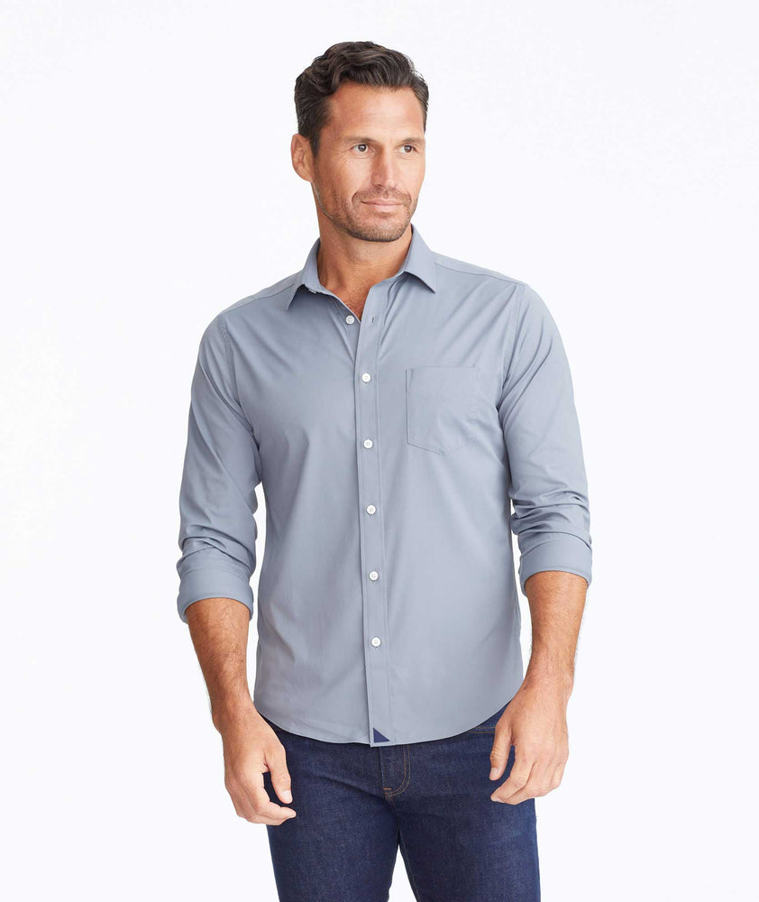 Model wearing a Mid Grey Wrinkle-Free Performance Gironde Shirt