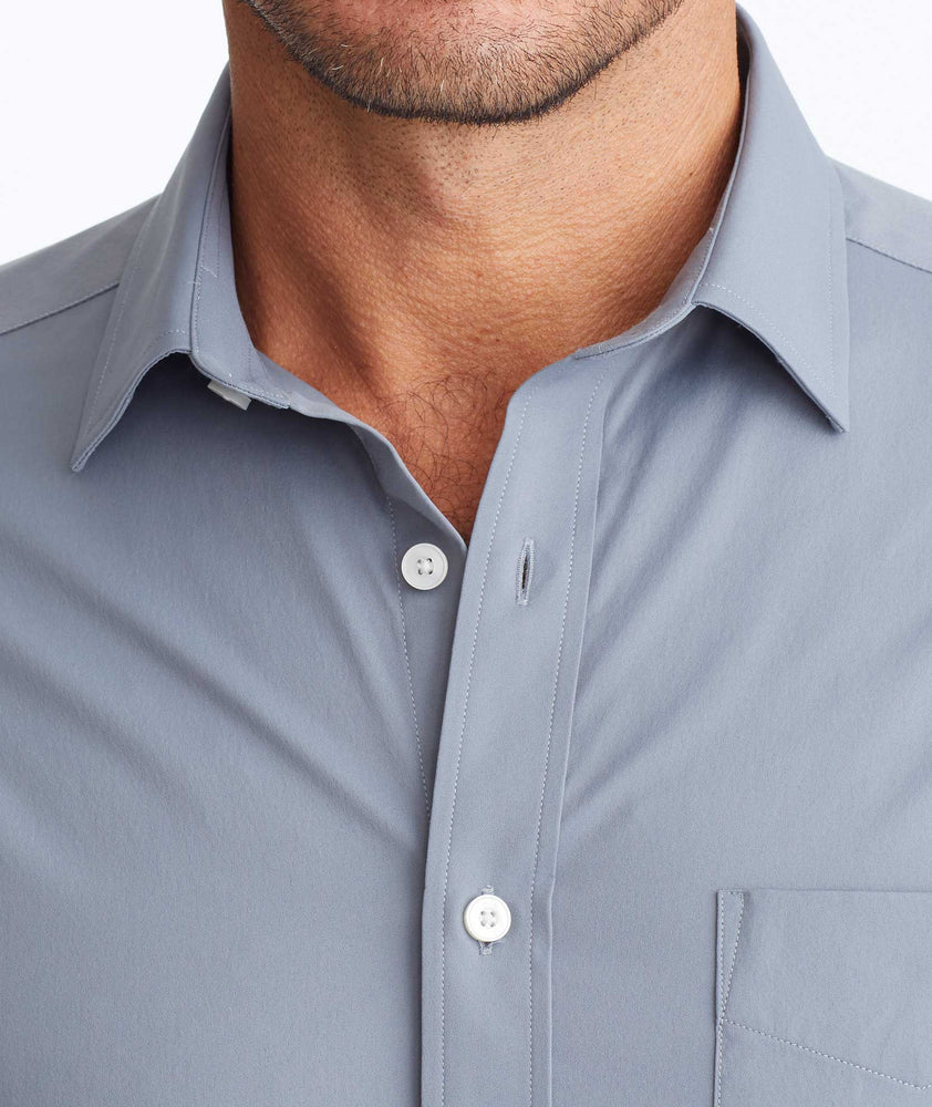 Model wearing a Mid Grey Wrinkle-Free Performance Gironde Shirt