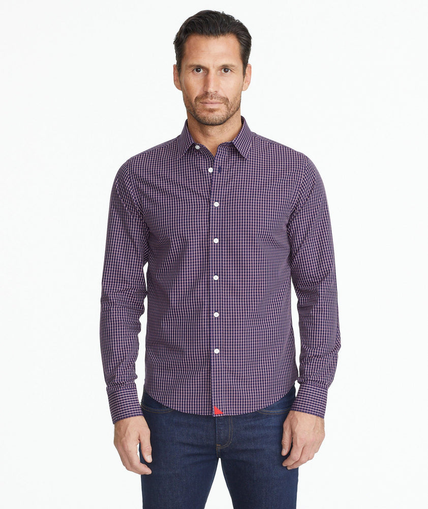 Model wearing a Navy Wrinkle-Free Graach Shirt