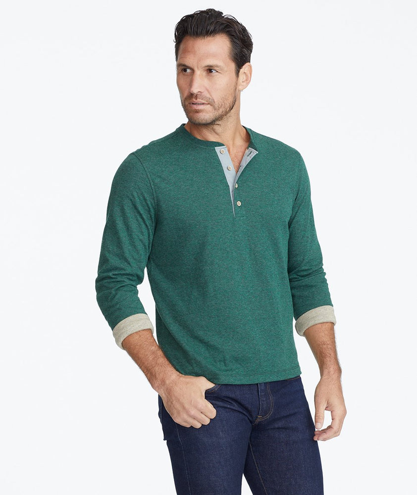 Model wearing a Mid Green Double-Faced Long-Sleeve Henley