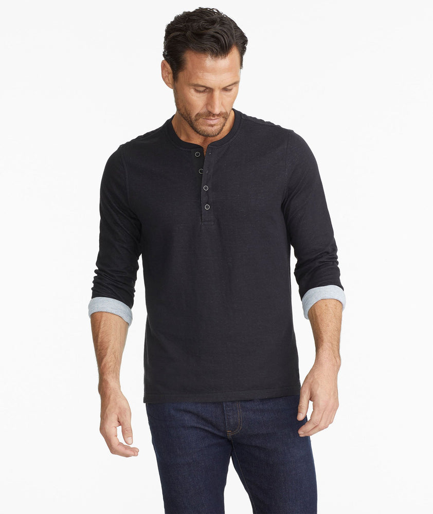 Model wearing a  Double-Faced Long-Sleeve Henley
