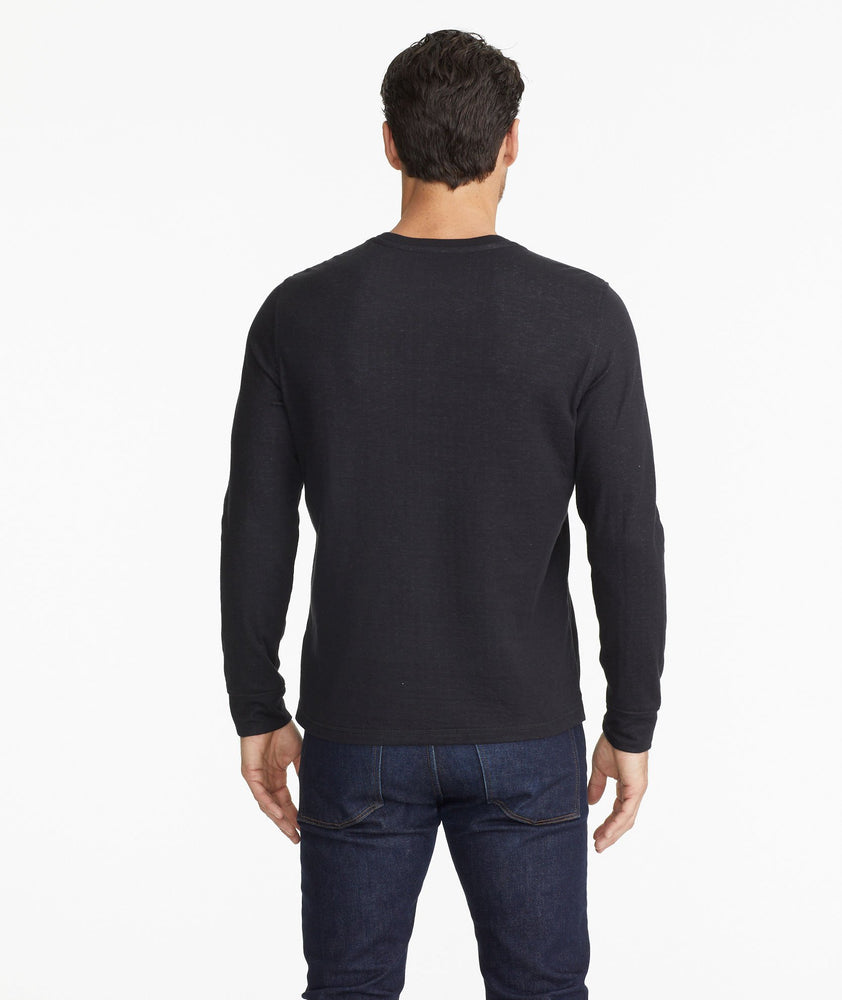 Model wearing a  Double-Faced Long-Sleeve Henley