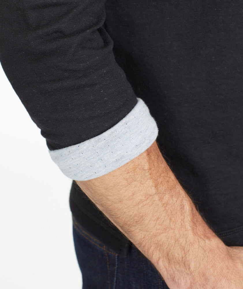 Model wearing a  Double-Faced Long-Sleeve Henley