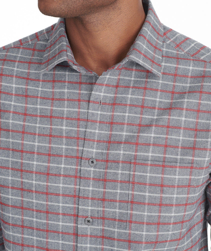 Model weating a Grey Wrinkle-Free Performance Flannel Gunther Shirt