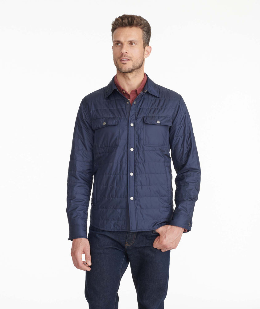Model wearing a Navy Insulated Shirt Jacket
