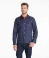 Model wearing a Navy Insulated Shirt Jacket