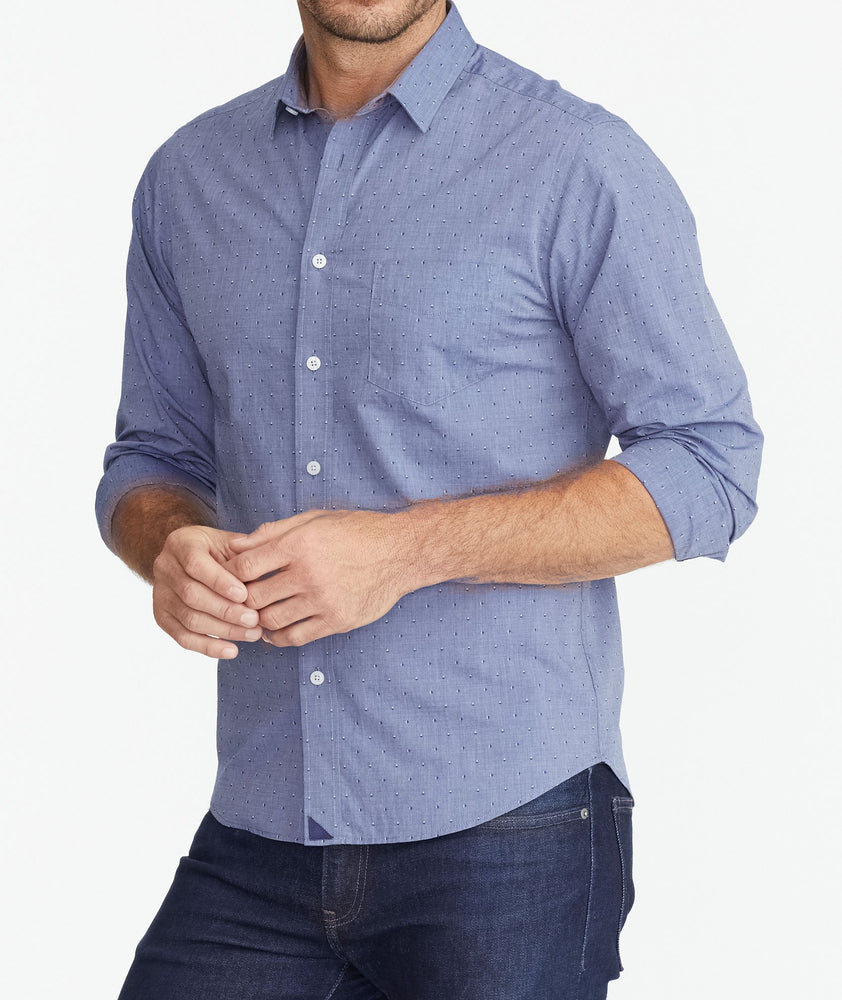 Model wearing a Blue Classic Cotton Shirt with Dot Print