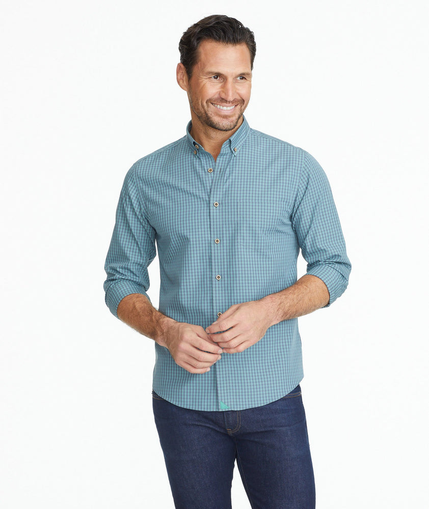 Model wearing a Green Wrinkle-Free Kabashi Shirt