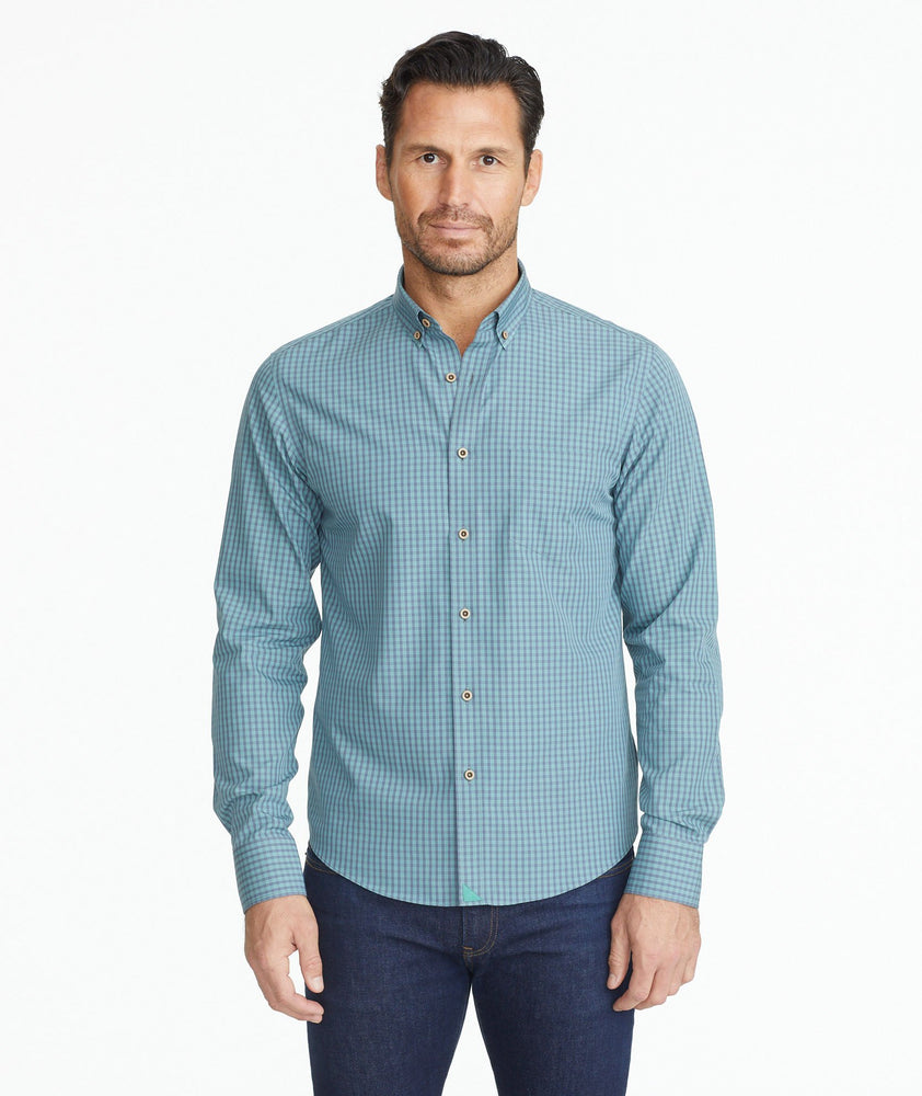 Model wearing a Green Wrinkle-Free Kabashi Shirt