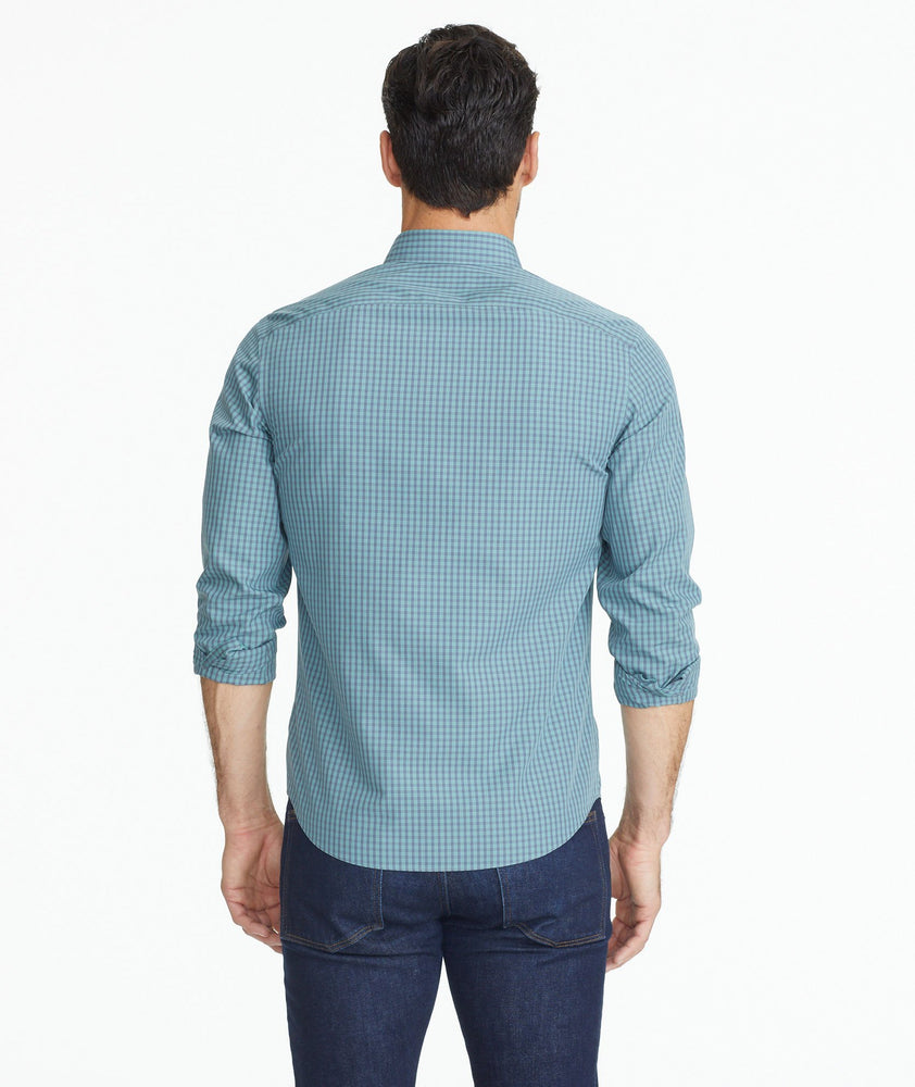 Model wearing a Green Wrinkle-Free Kabashi Shirt