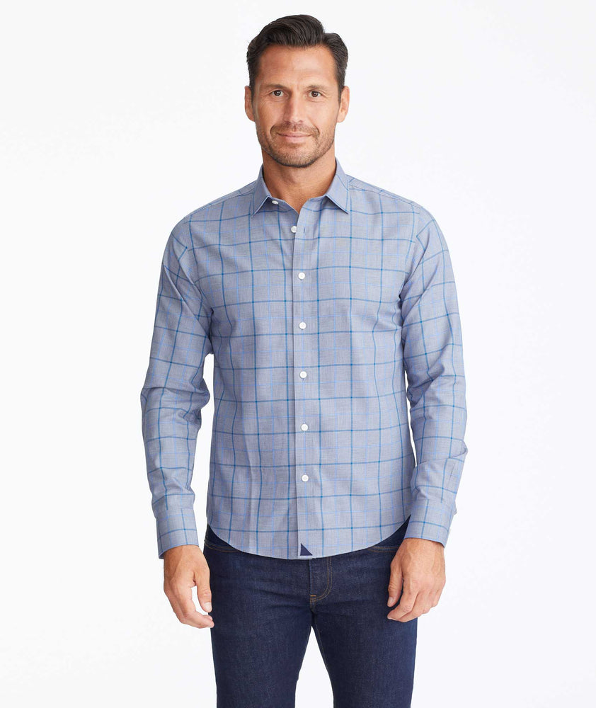 Model wearing a Navy Wrinkle-Free Ortman Shirt