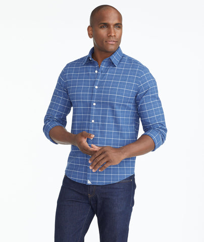 Model wearing a Blue Wrinkle-Free Performance Flannel Shirt