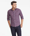 Model wearing a Navy Wrinkle-Free Performance Flannel Shirt