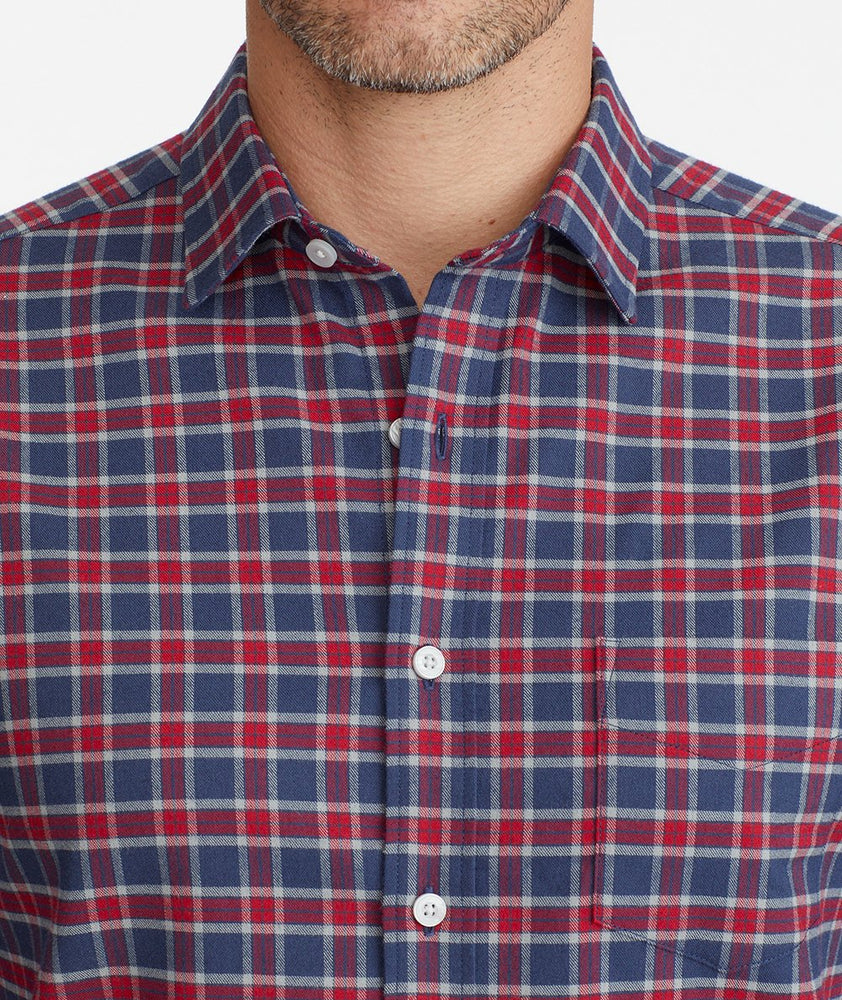 Model wearing a Navy Wrinkle-Free Performance Flannel Shirt