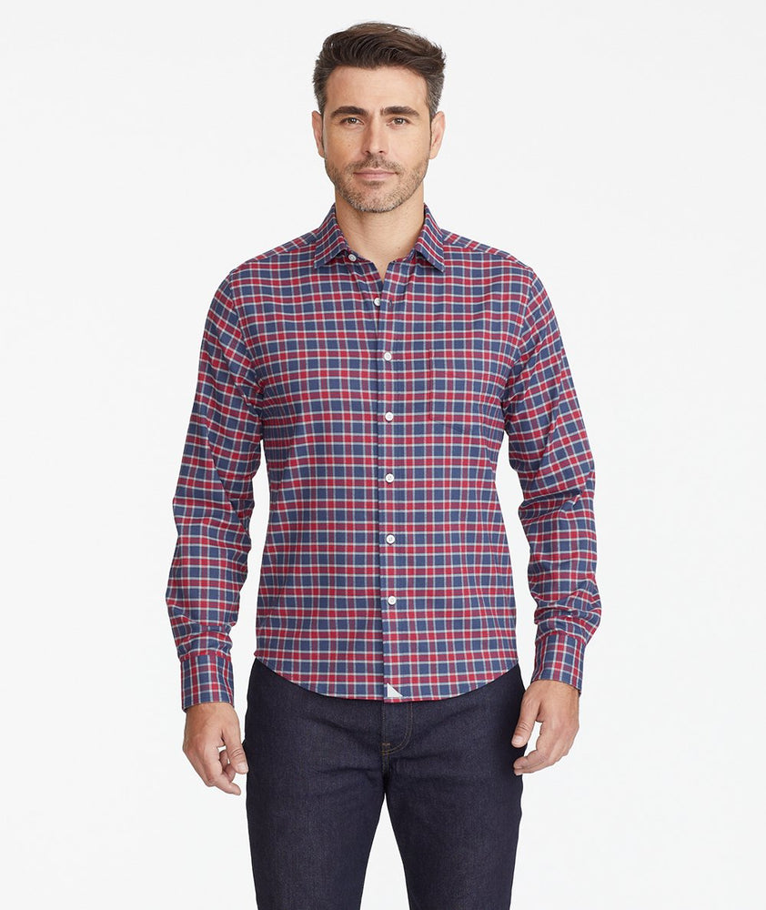 Model wearing a Navy Wrinkle-Free Performance Flannel Shirt