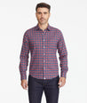 Model wearing a Navy Wrinkle-Free Performance Flannel Shirt