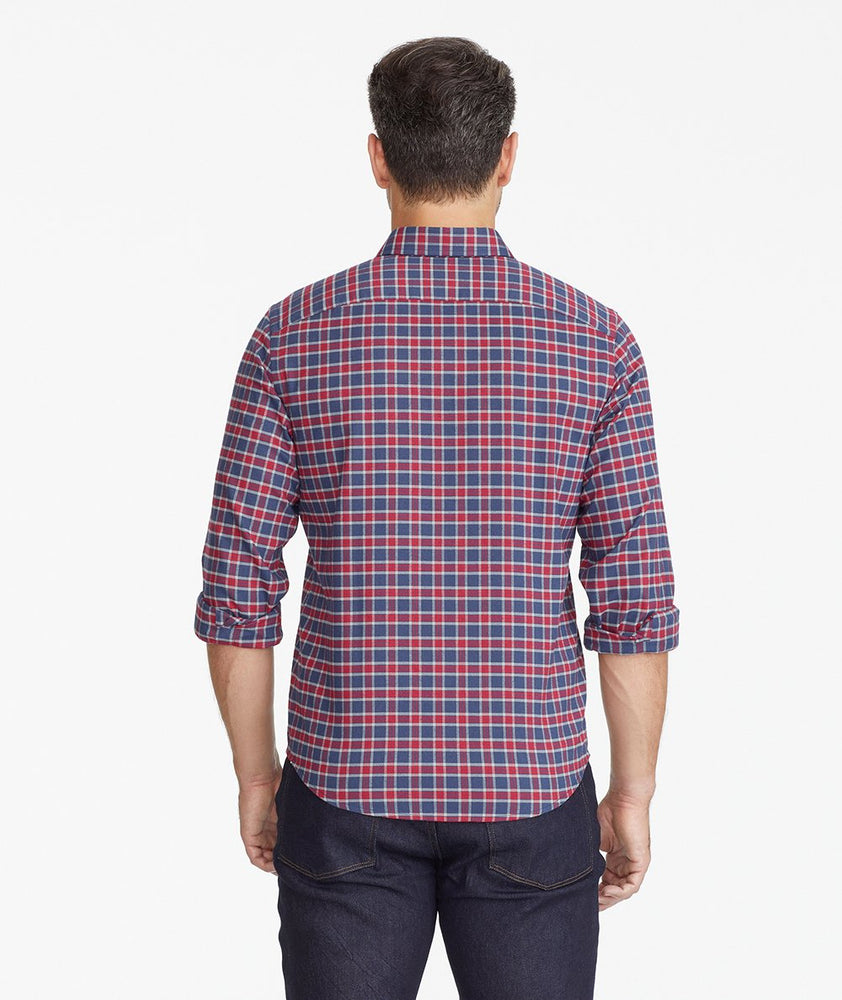 Model wearing a Navy Wrinkle-Free Performance Flannel Shirt