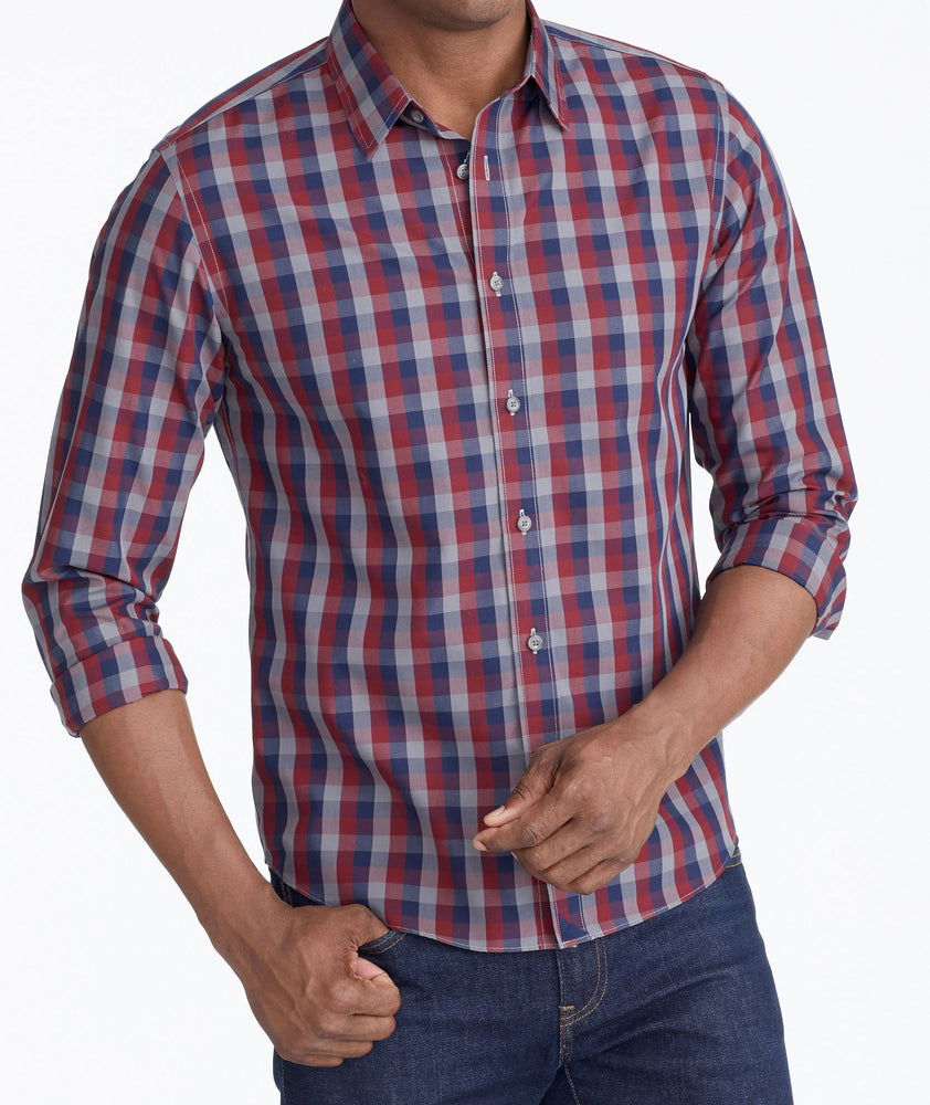 Model wearing a Red Wrinkle-Free Pomerol Shirt