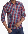 Model wearing a Red Wrinkle-Free Pomerol Shirt