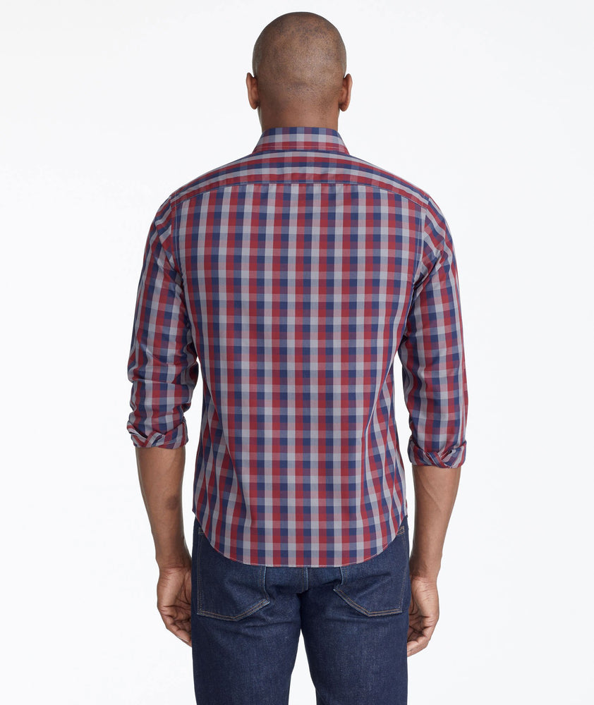 Model wearing a Red Wrinkle-Free Pomerol Shirt