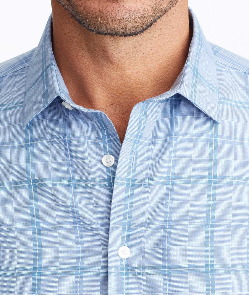 Model wearing a Blue Wrinkle-Free Rodano Shirt