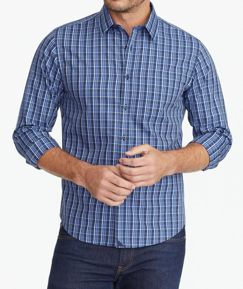 Model wearing a Blue Wrinkle-Free Romorantin Shirt