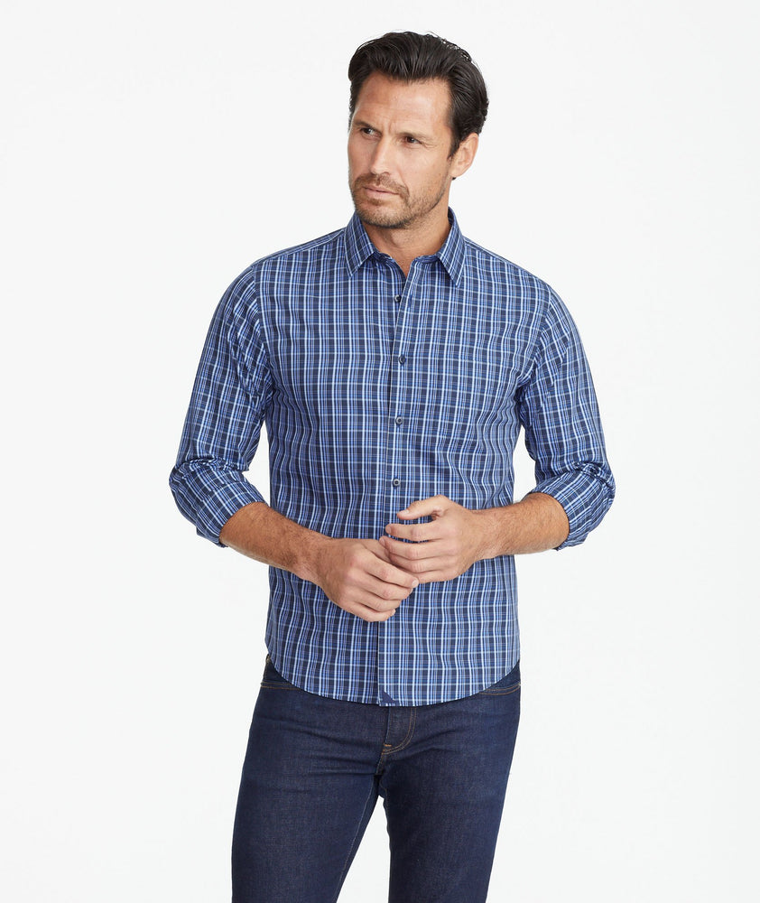 Model wearing a Blue Wrinkle-Free Romorantin Shirt