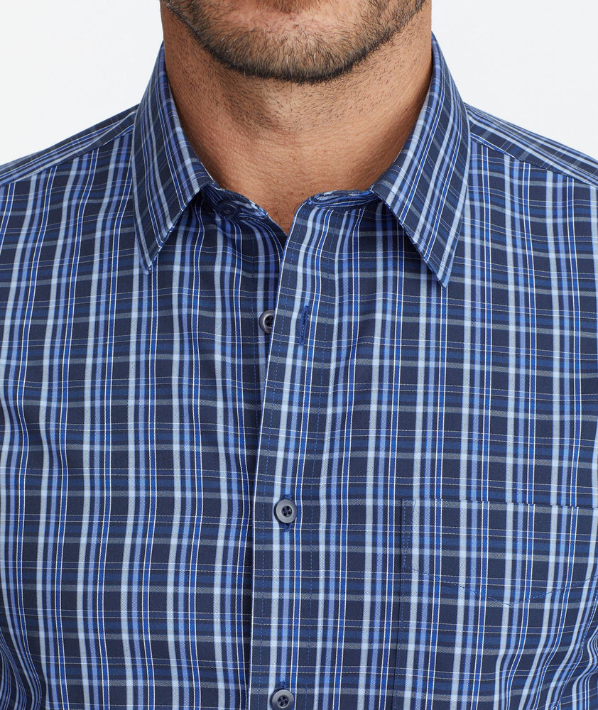 Model wearing a Blue Wrinkle-Free Romorantin Shirt