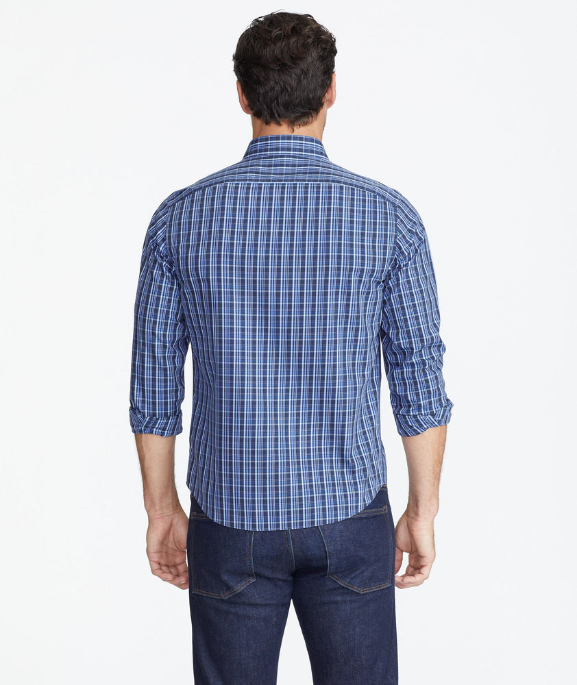 Model wearing a Blue Wrinkle-Free Romorantin Shirt