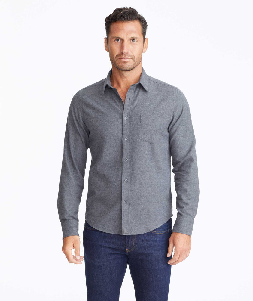 Model wearing a Dark Grey Flannel Sherwood Shirt
