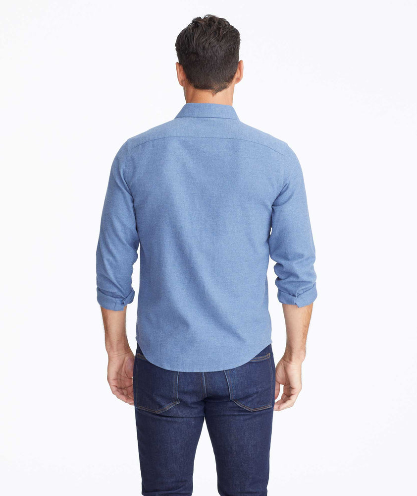 Model wearing a Mid Blue Flannel Sherwood Shirt