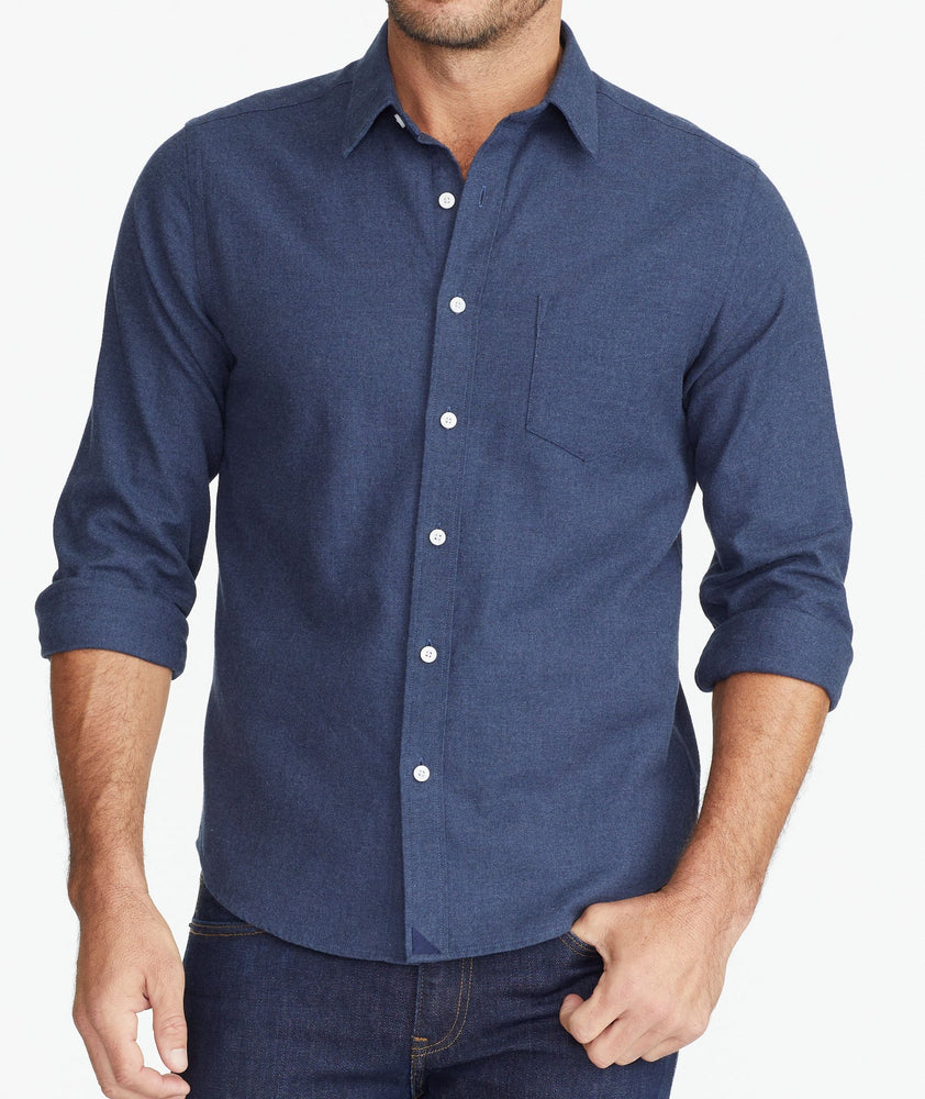 Model wearing a Navy Flannel Sherwood Shirt