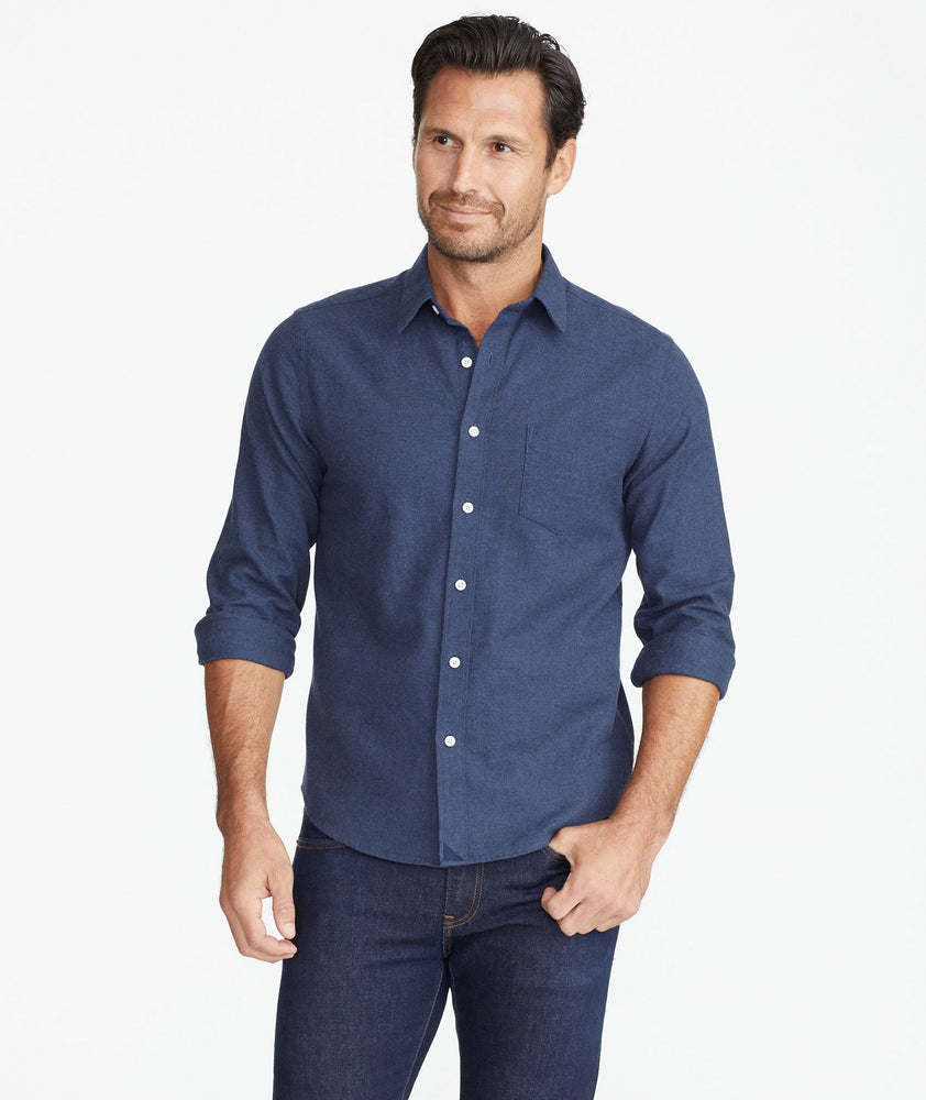 Model wearing a Navy Flannel Sherwood Shirt