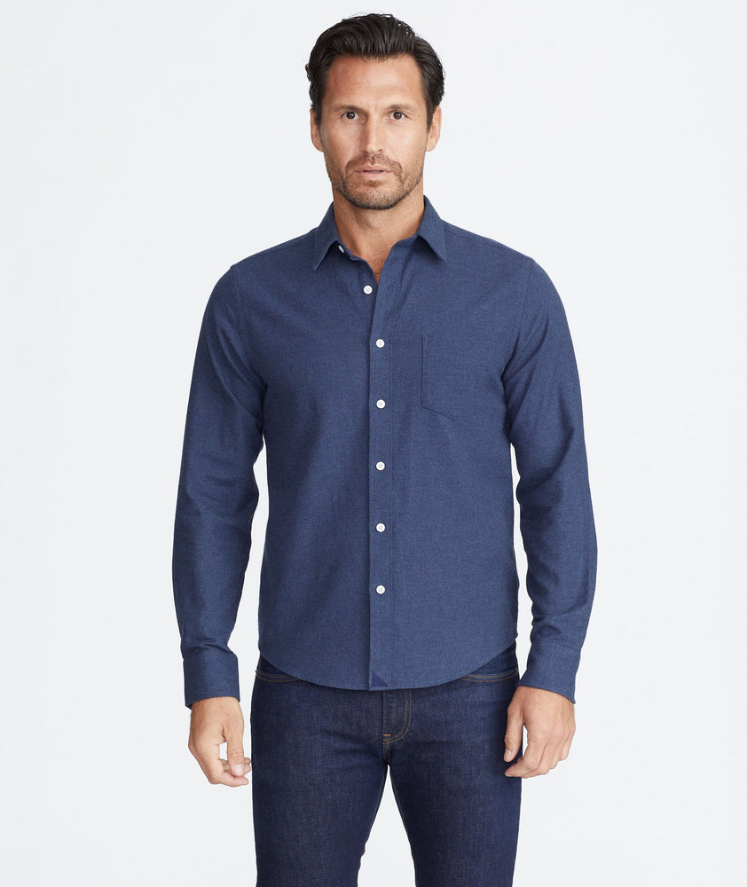 Model wearing a Navy Flannel Sherwood Shirt