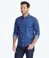 Model wearing a Navy Classic Cotton Shirt with Floral Print