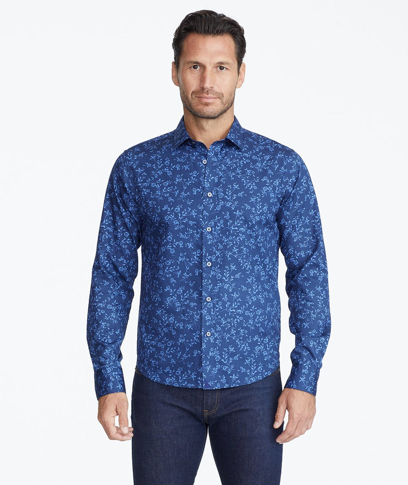 Model wearing a Navy Classic Cotton Shirt with Floral Print